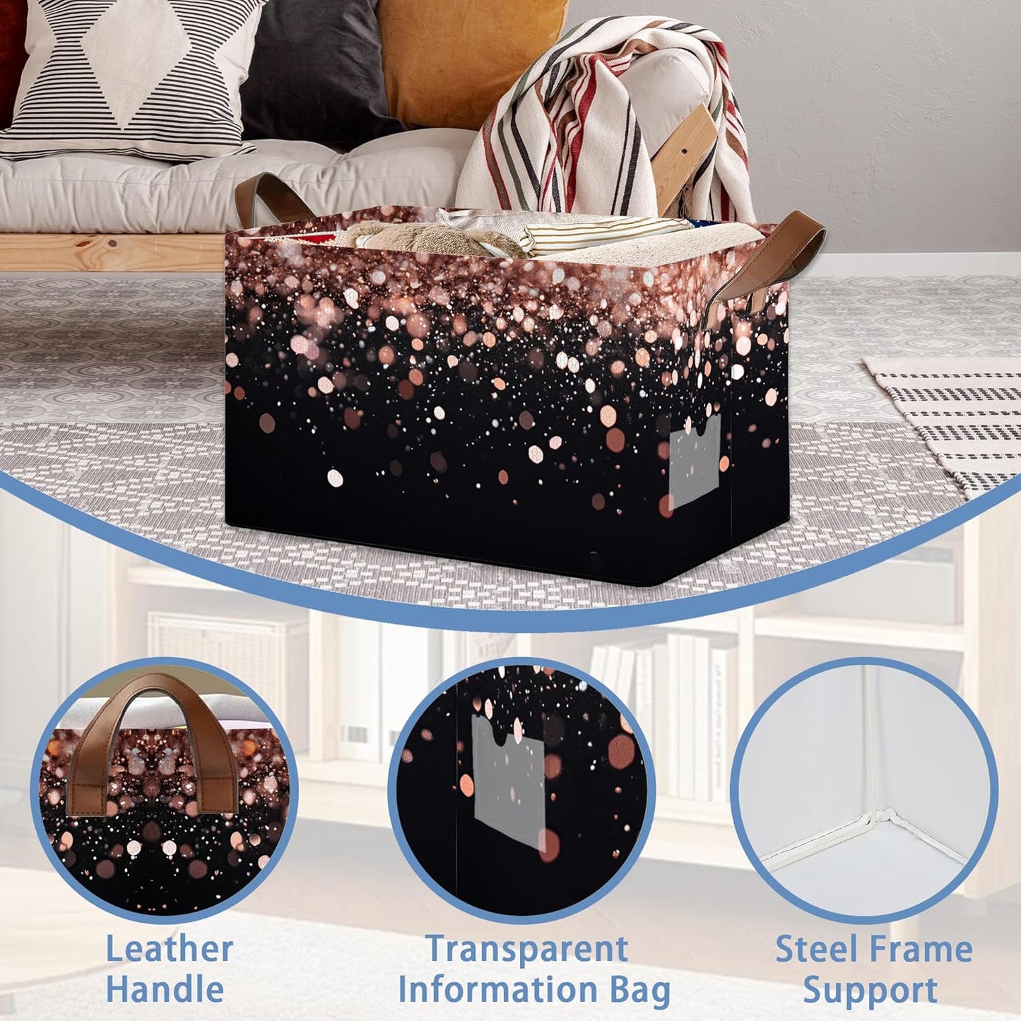 Pink Glitter Storage Baskets,Foldable Organizer Bin with Handles for Home Living Room Bedroom Closet Box 17x11.5x10Inch