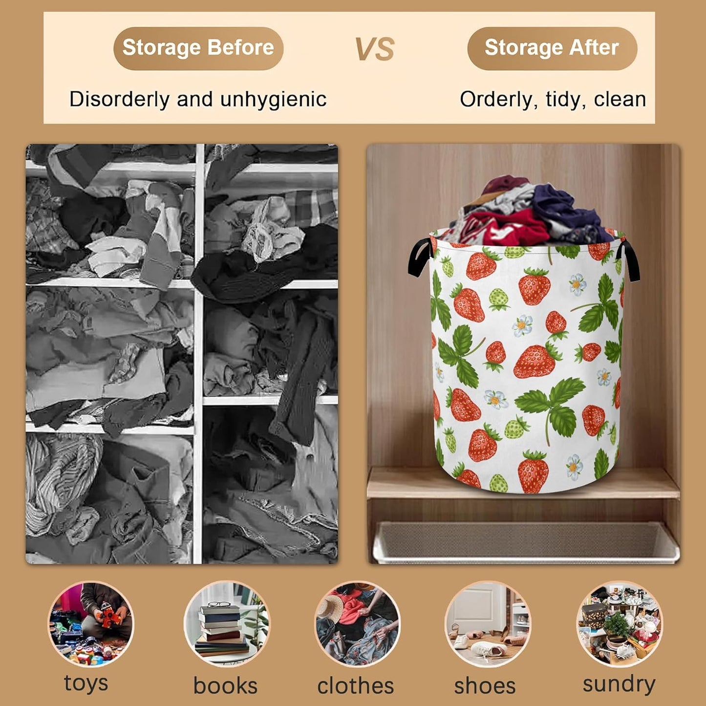Strawberry Laundry Hamper,Collapsible Laundry Baskets,Flowers Leaf Dirty Clothes Baskets with Handles,Oxford Cloth Hamper for Bedroom,Bathroom,College Dorms, 16"x20"