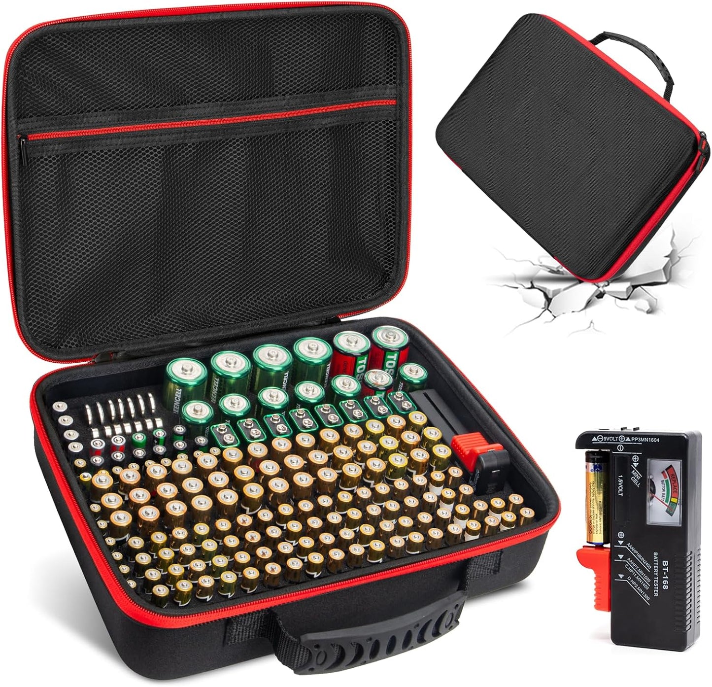 Battery Organizer Storage Case with Tester, Hardshell Portable Checker Carrying Case Holds 200+ Batteries AA AAA AAAA C D 9V, Battery Organizer Storage Box