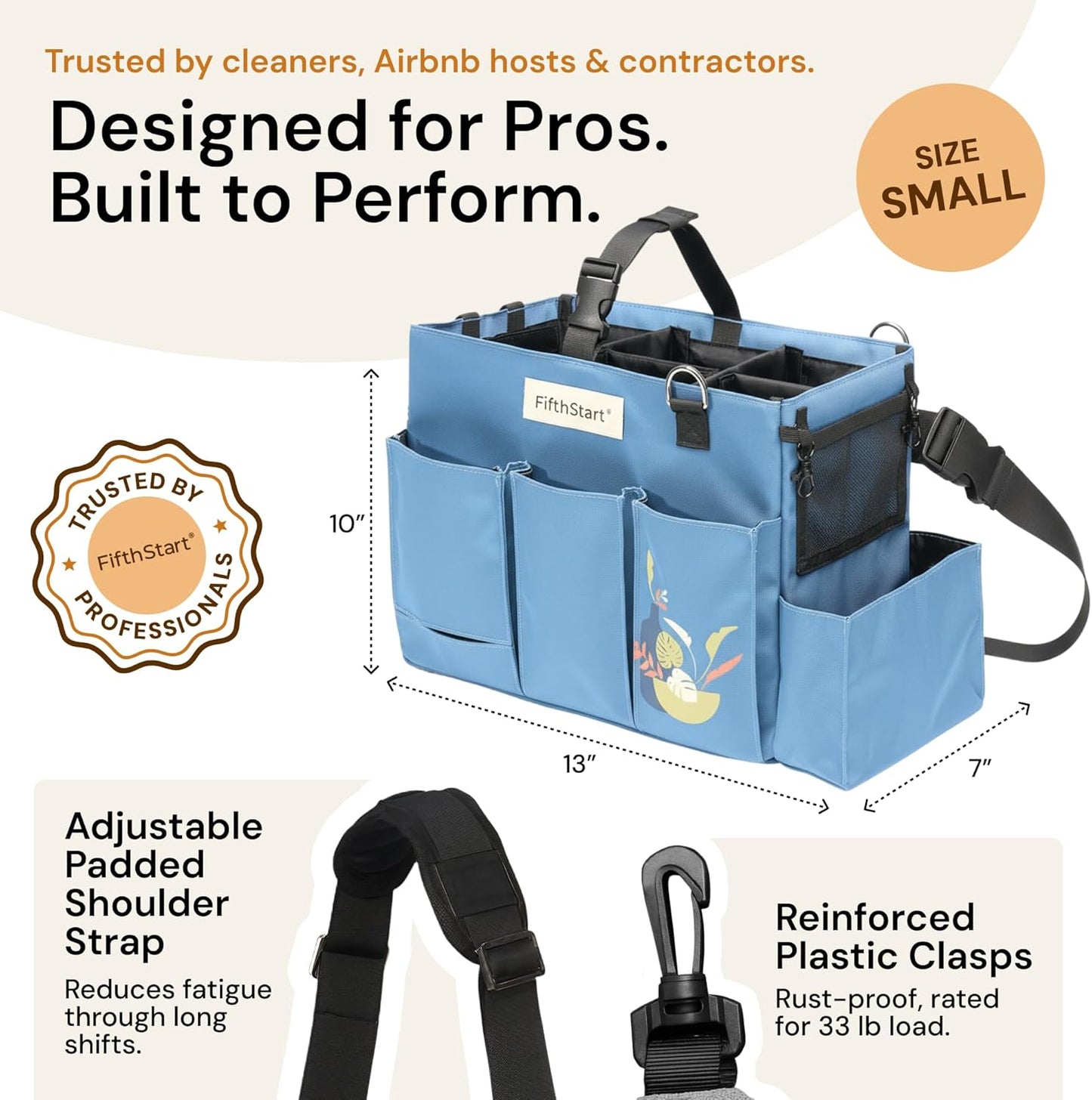 FifthStart Multiuse Cleaning Caddy with Waist, Shoulder Strap 9 Pockets, Mesh Base & Adjustable Compartments - Cleaning Caddy - Cleaning Supplies Organizer (Blue, Small)