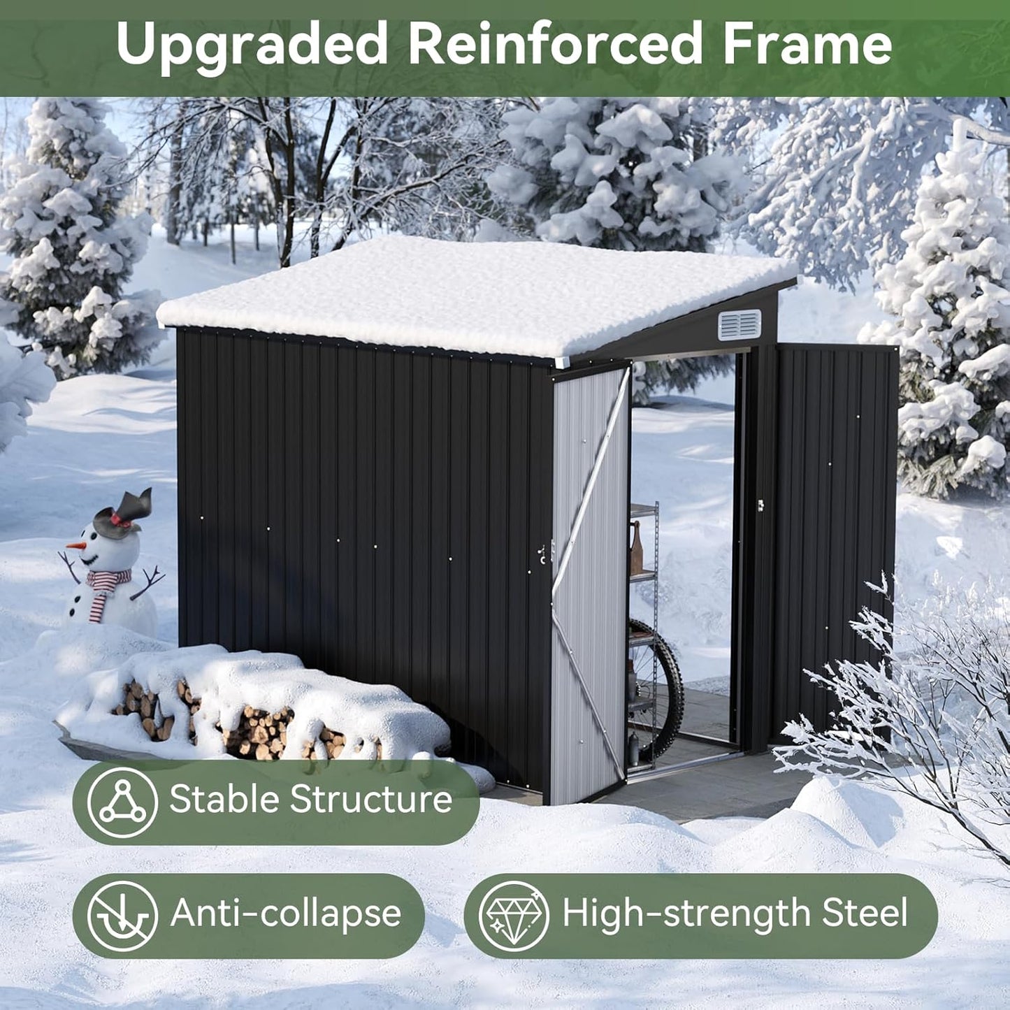 Aoxun 7.5'x4' Triple Door Shed Outdoor Storage Shed with Three Lockable Door for Easily Accessing Metal Storage Cabinet with Slopping Roof for Tools Bicycles Storage for Garden, Backyards (Black)