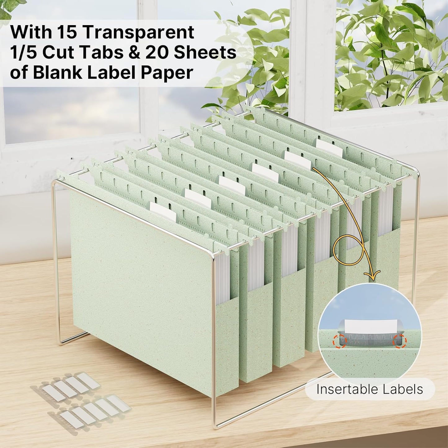 Wheat Straw Plastic Hanging File Folder Letter Size,Heavy Duty 1 Inch Expansion,12 Pack Extra Capacity Hang Folders for Filing Cabinet,Reinforced File Pockets Folder with Tabs(Morandi Green)