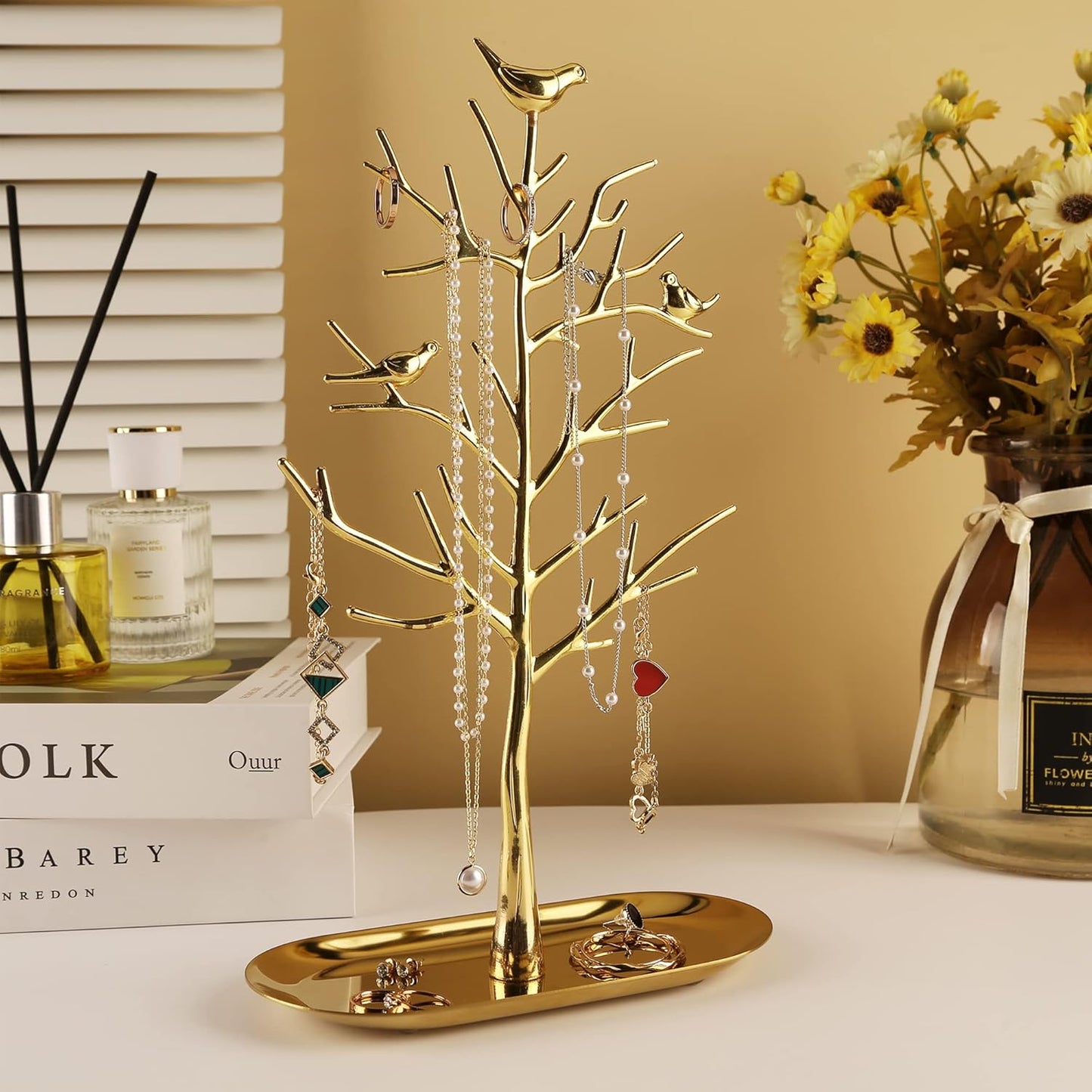 MORE&LESS Branch Jewelry Rack with metal tray,Luxury color,Tree Tower Rack Hanging Organizer for Ring Earrings Necklace Bracelet,Suitable for living rooms, bathrooms,offices,etc.
