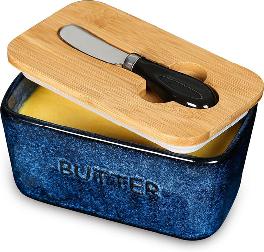 Ceramic Butter Dish Keeper Container - Vicrays Porcelain Airtight Lid Butter Container with Knife for Countertop - Large Butter Keeper Crock for West or East Coast Butter - Blue