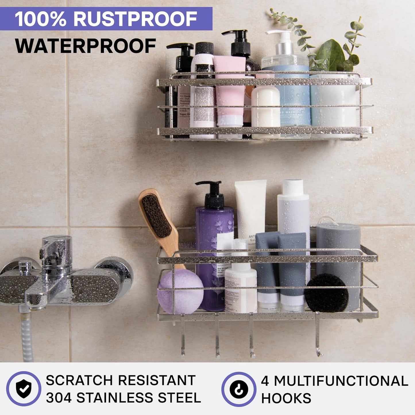 KINCMAX Shower Shelves 2-Pack - Self Adhesive Caddy with 4 Hooks - No Drill Large Capacity Stainless Steel Wall Shelf - Aesthetic Organizer for Inside Bathroom - Polished Silver