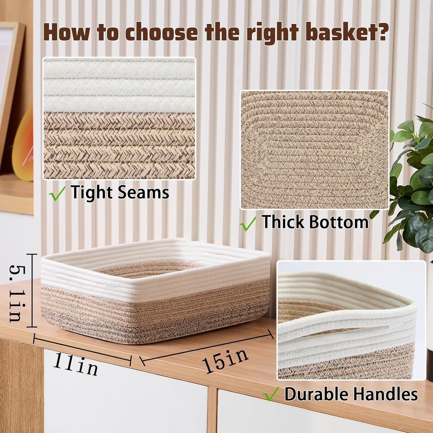 Large Shallow Organizing Baskets 15x11x5.1 Inches - Rope Woven Storage Bins for Bathroom, Shelves, Cube Closet, Gradient Brown 3 Packs