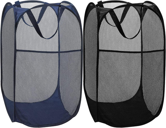 BATTOO Deluxe Strong Mesh Pop up Laundry Hamper Basket with Side Pocket Foldable Hamper for Laundry Room, Bathroom, Kids Room, College Dorm or Travel Navy + Black