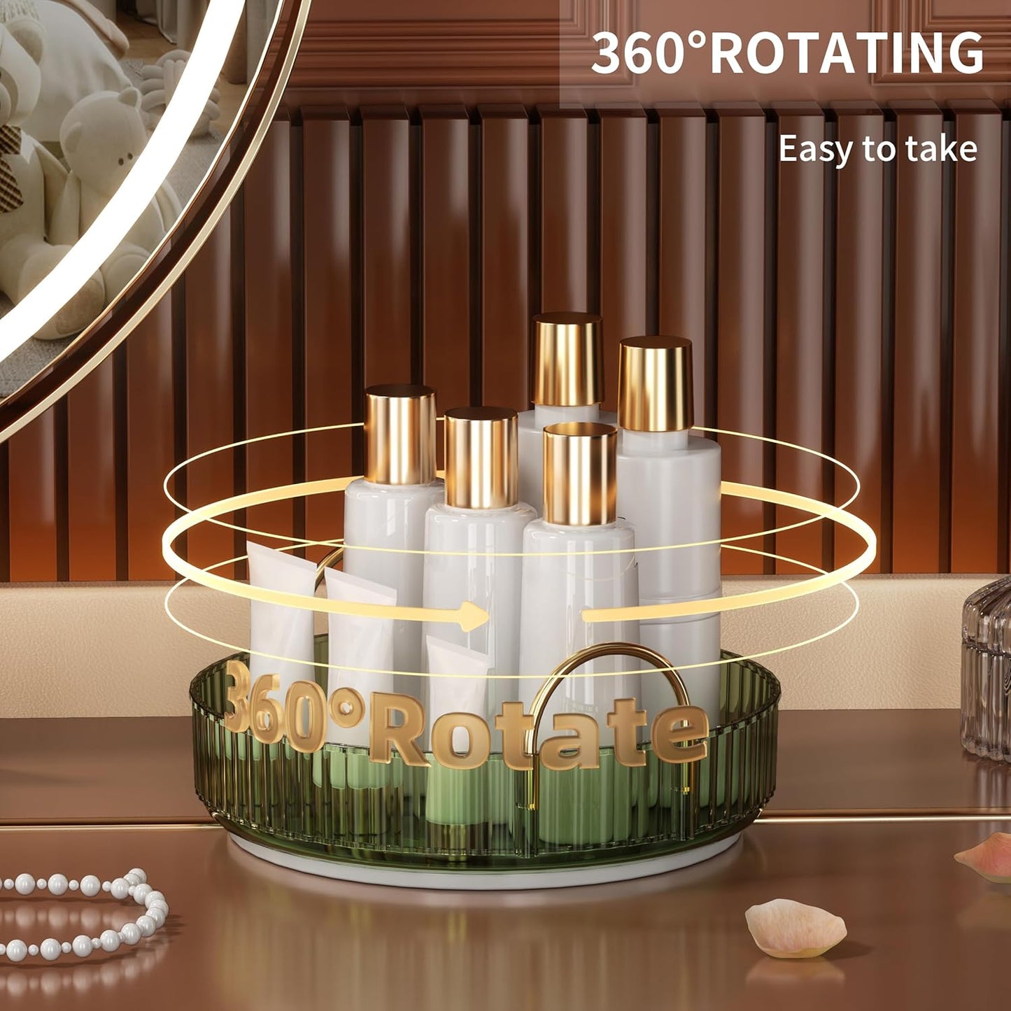 YCIA&DONE 360 Rotating Makeup Organizer and Storage for Vanity Countertop 1 Tier, High Capacity Cosmetic Skincare Perfume Organizers for Dresser Bathroom Fridge Lazy Susan (Vintage Green)