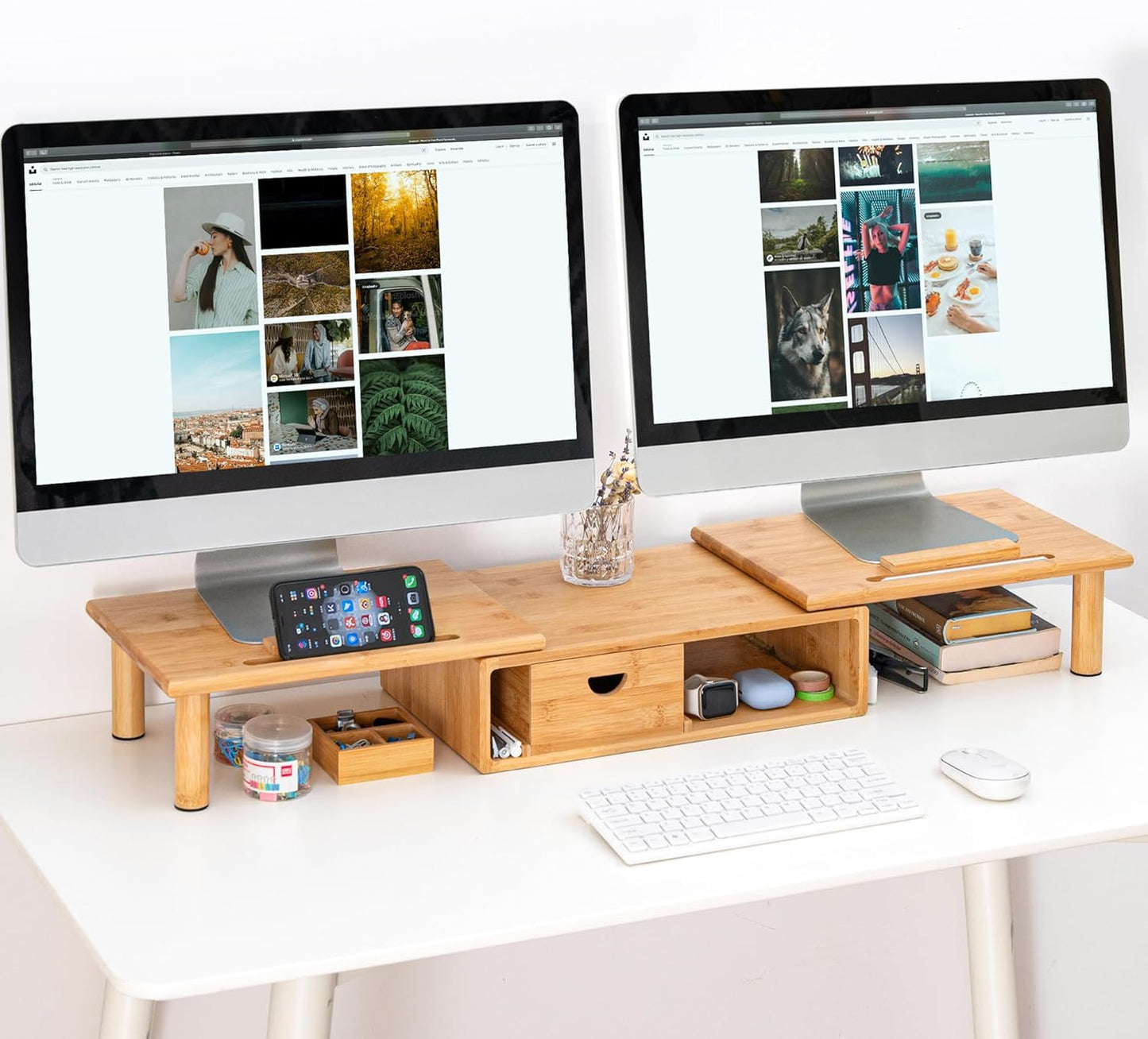 Dual Monitor Stand Riser with Drawer for Desk Laptop Desk Shelf with Adjustable Length and Angle, Bamboo Computer Stand Riser for 2 or 3 Monitors Screen Laptop PC TV -Natural