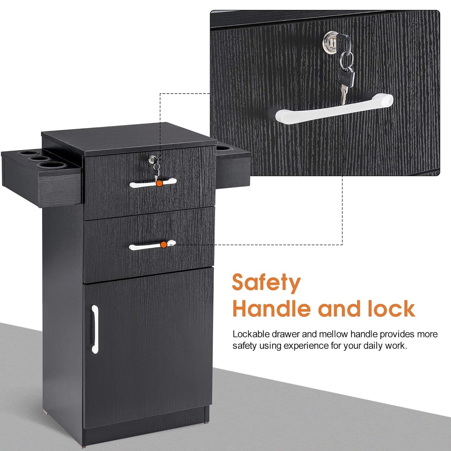BarberPub 38"x18"x14" Locking Beauty Salon Storage Cabinet, Barber Styling Station with Nylon Hair Dryer Holder, Barber Shop Stylist Equipment with Drawers 2021 (Black)