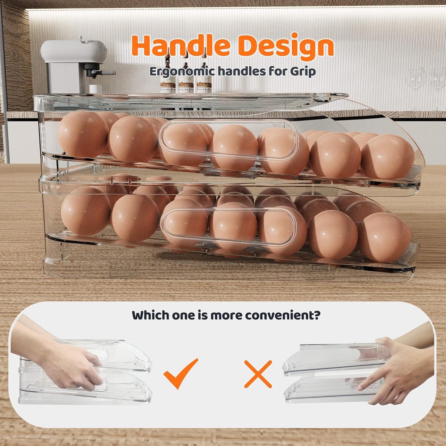 Egg Holder for Fridge, Automatic Steady Rolling Egg Dispenser with Silicone Bumpers & Handle for Refrigerator, Large Capacity Egg Organizer with Lid (2 Tier Holder 24 Eggs (M SIZE))