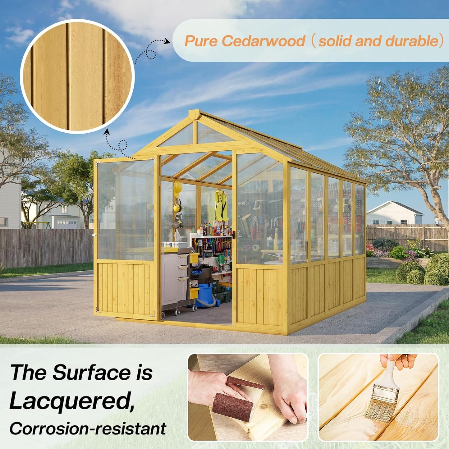 Jocisland 6x8x6.5 Ft Wooden Outdoor Storage Shed, Pre-Assembled Cedar Frame, Outdoor Shed with Lockable Door, Adjustable Roof Vents, Polycarbonate Panels for Outdoor, Garden, Backyard