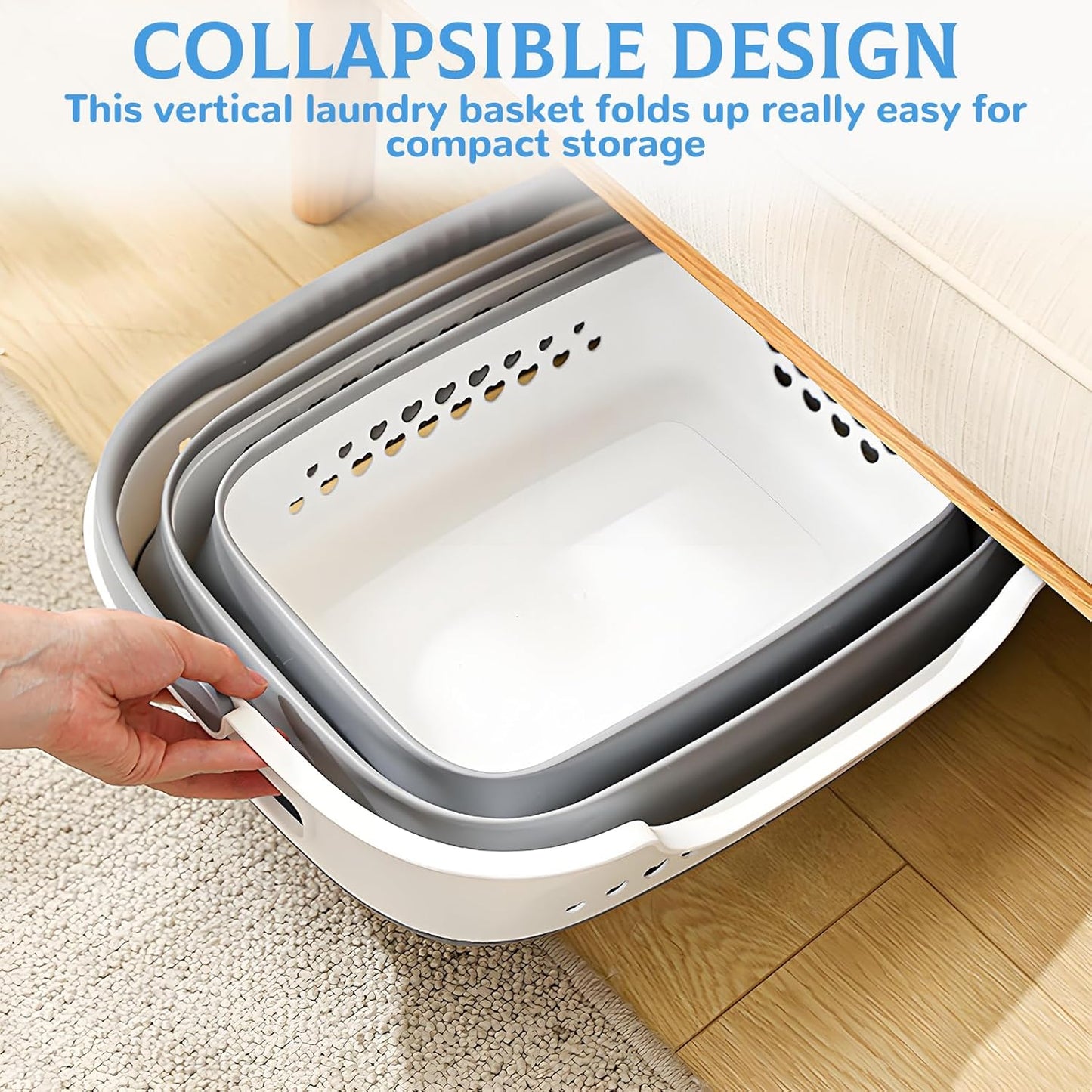2 Pcs Collapsible Laundry Baskets for Dirty Clothes, 43L Plastic Laundry Hamper for Dorm Bedroom, Space Saving Pop-Up Laundry Hamper Container, Durable Foldable Laundry Basket with Handles (Grey)