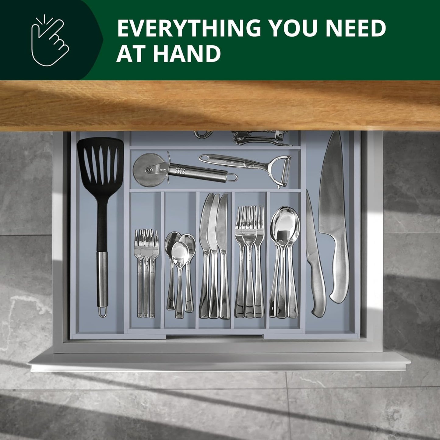 ROYAL CRAFT WOOD Luxury Bamboo Kitchen Drawer Organizer - Silverware Organizer - Utensil Holder and Cutlery Tray with Grooved Drawer Dividers for Flatware and Kitchen Utensils (9 Slot, Gray)