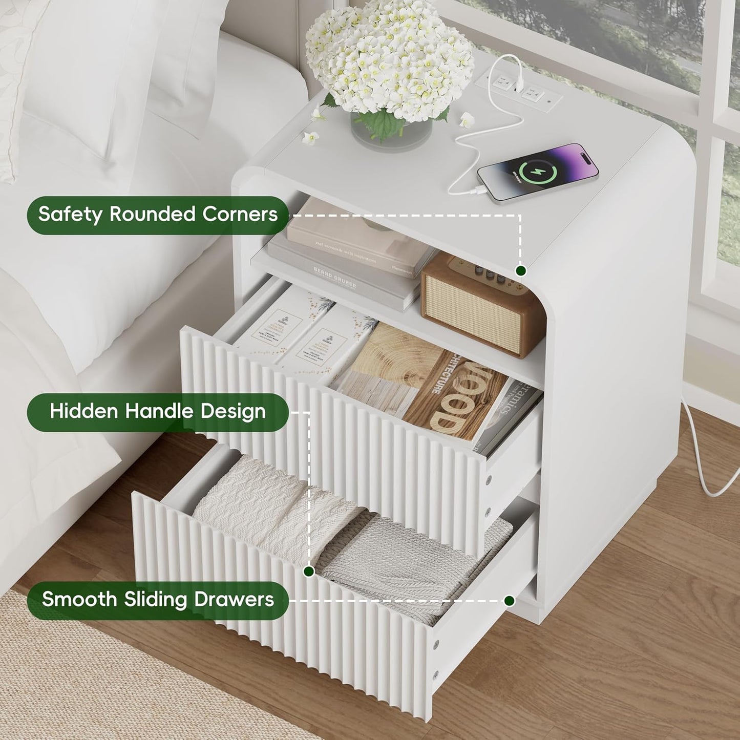 White Nightstands Set of 2 with Charging Station, Mid Century Modern End Tables & Bedside Tables, Fluted Wood Small Night Stands with 2 Hidden Drawers and Storage Shelf for Bedroom