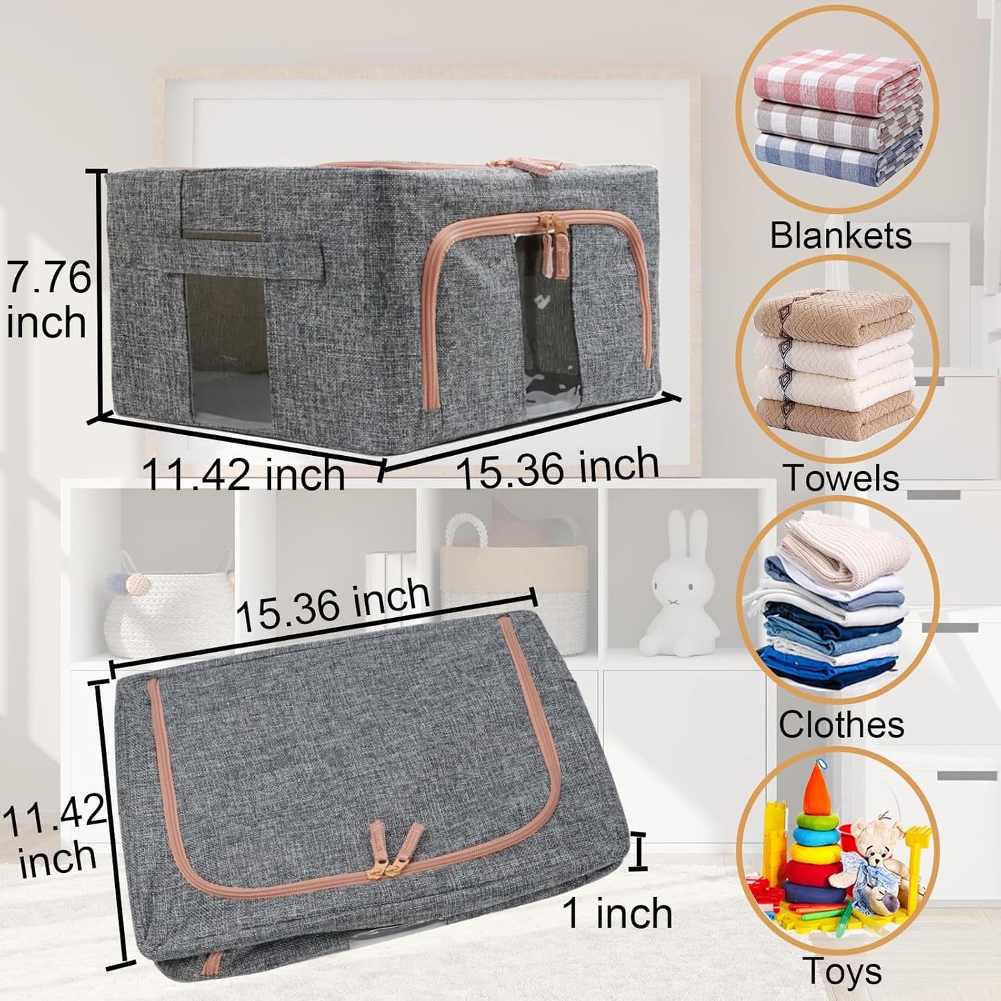 Linen Clothes Storage Bins, 4PCS Sturdy Closet Organizers and Storage Bin with Metal Frame, 2 Opening Ways Fabric Visible Lidded Storage Box for Organizing Clothing,Jeans,Sheets (4PC Gray, 22Liters)