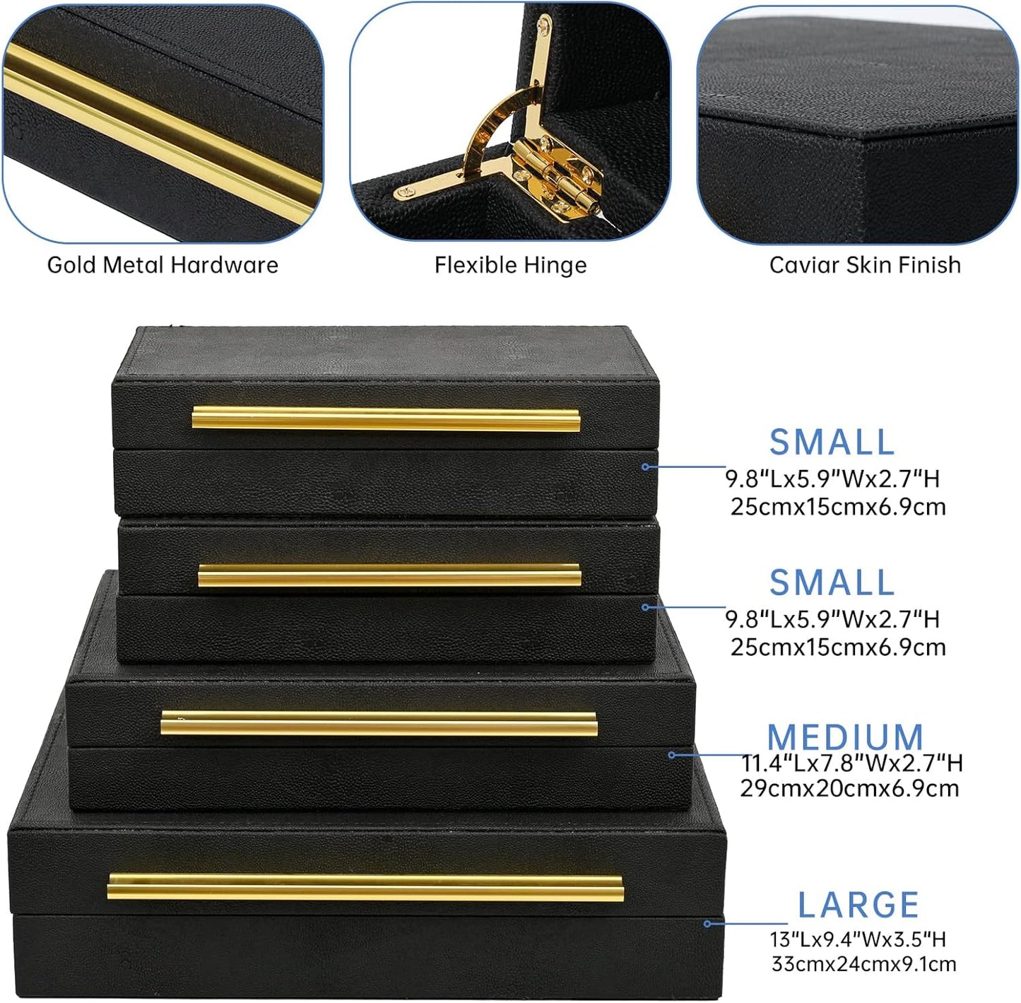 Faux Shagreen Leather Jewelry Boxes Set of 4 with Gold Handles, Stackable Decorative Storage Organizer for Rings, Earrings, Vanity, Dresser, Black