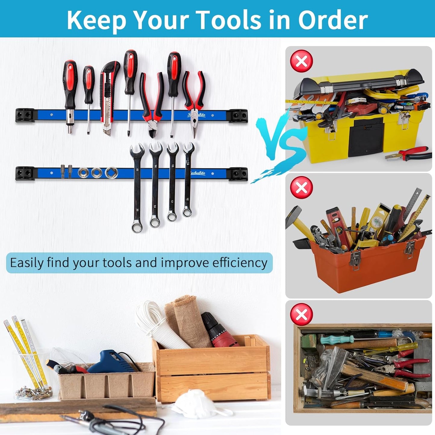 4 Pieces 12" Magnetic Tool Holder Strip, Blue Magnet Bar, Metal Tool Organizer Rack for Garage Organization, Easy To Install in Workshop, Mounting Screws Included