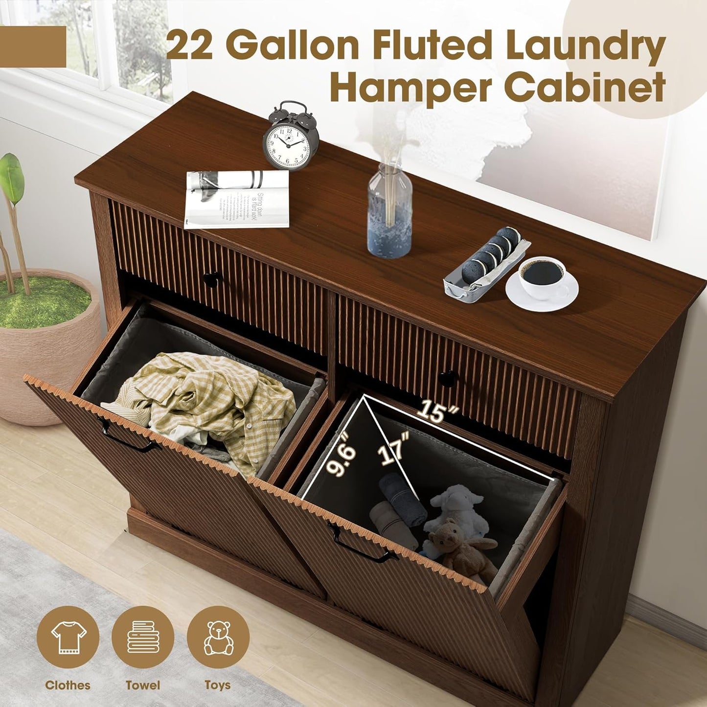 Grepatio Tilt Out Fluted Laundry Hamper Cabinet, 22 Gallon Double Hidden Laundry Hamper, Wooden Trash Can Cabinets with 2 Drawers, Modern Garbage Can Cabinet for Bathroom, Kitchen (Brown, Double)