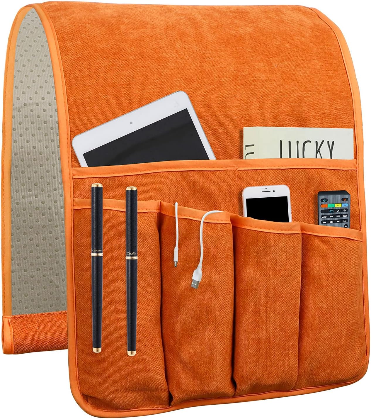 NB Sofa Armrest Organize remote holder bedside caddy organizer with 5 pockets，non-slip couch remote control holder couch armchair caddy accessories (Orange, 35"x12.4")