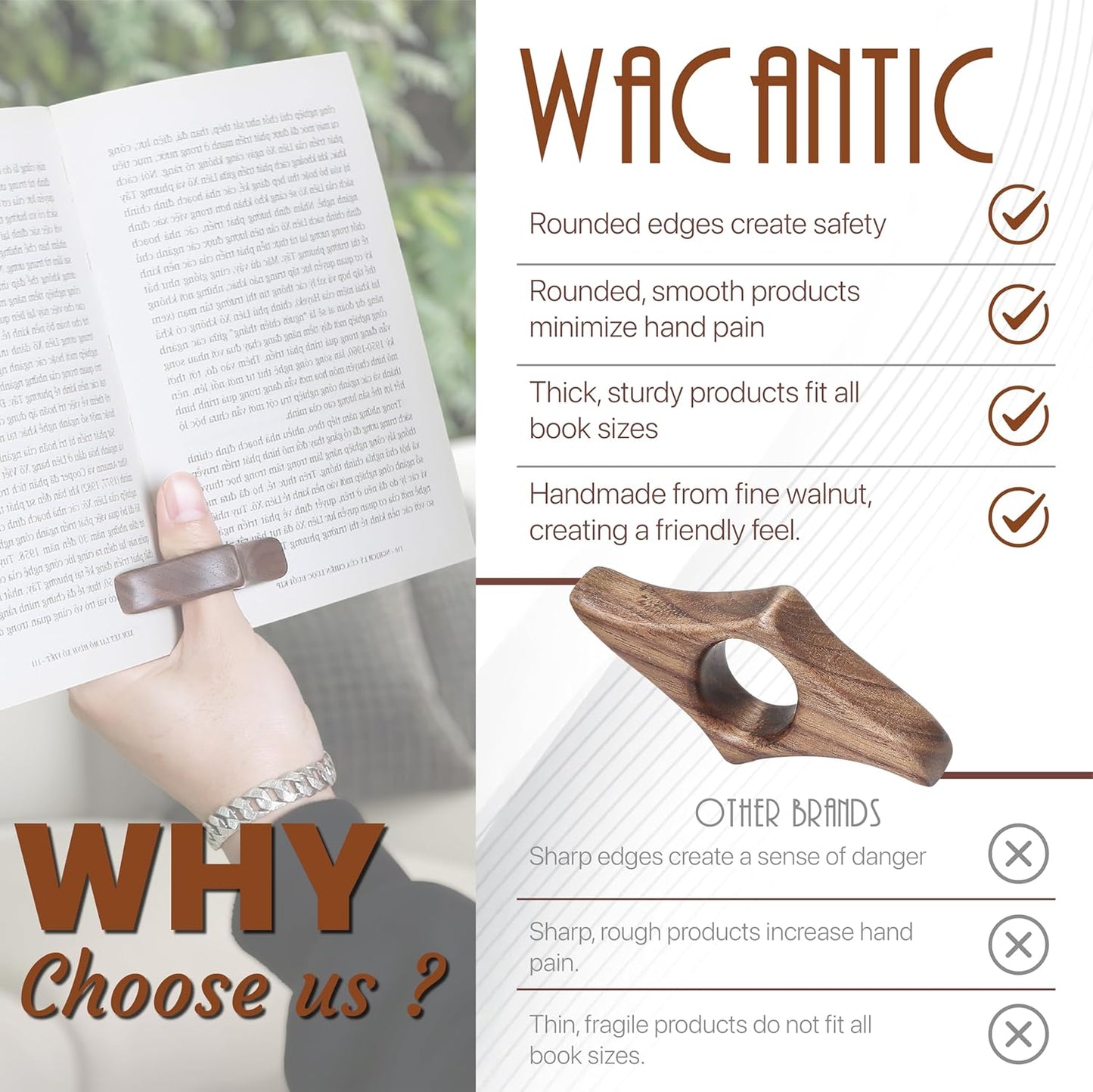 Walnut Book Page Holder - Smooth Finish Wood Reading Accessory, Ideal Reader Gift for Women, Thumb Page Holder (Small), Brown