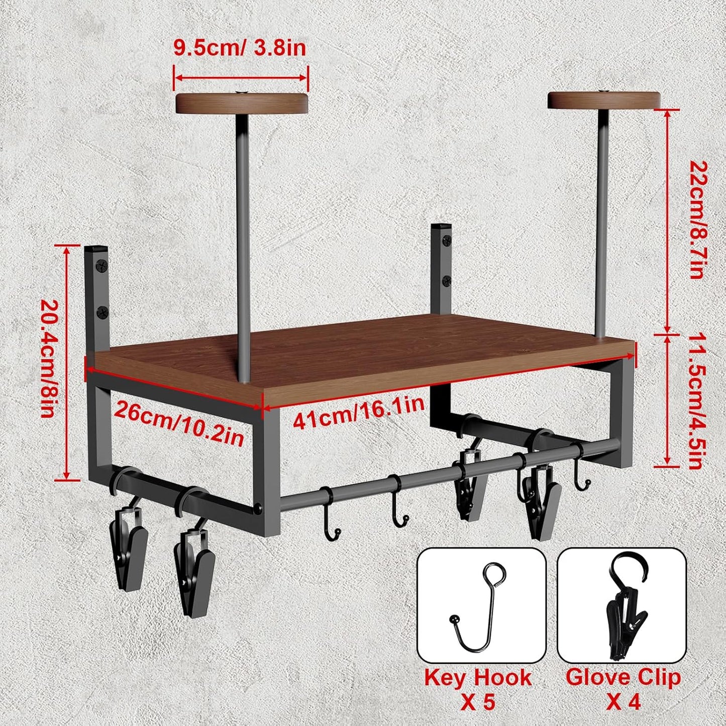 Helmet Holder Wall Mount, Retro Helmet Rack with Wooden Board, 2 Helmet Stands for Moto Gear Storage, Football Accessories Organizer, 4 Clips 5 Hooks for Hanging Gloves Keys, and Tactical Vests