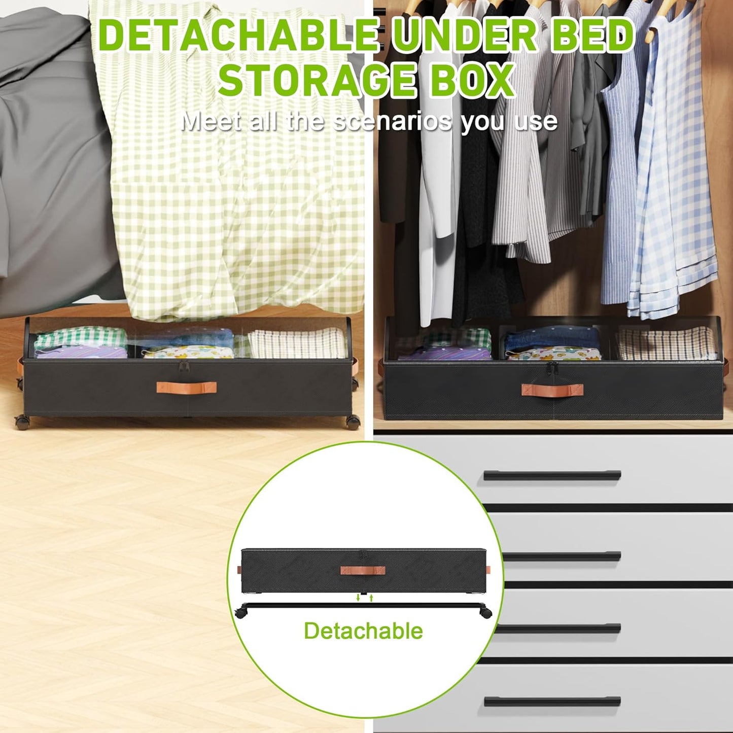 Under Bed Storage with Wheels, 4 Pack Under Bed Storage Container with Dividers & Clear Lids, Under the bed storage Organizer Bins,Underbed Storage with Wheels for Clothes,Toys,Shoes (Black)