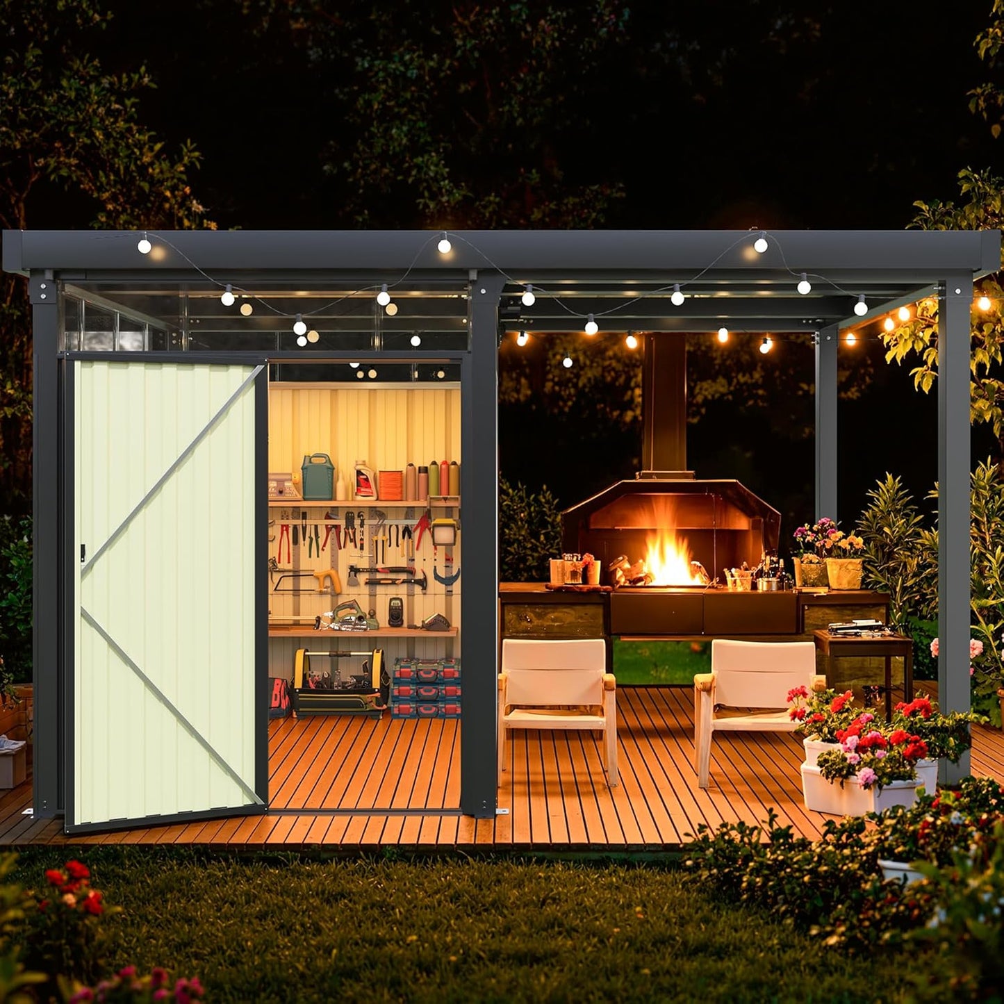 Greesum 2-in-1 Outdoor Storage Shed & Gazebo, 7x8FT Metal Lockable Shed and 7x8FT Open-Sided Pergola, Gutter Design and Transparent Window, for Patio, Garden, Backyard, Gray