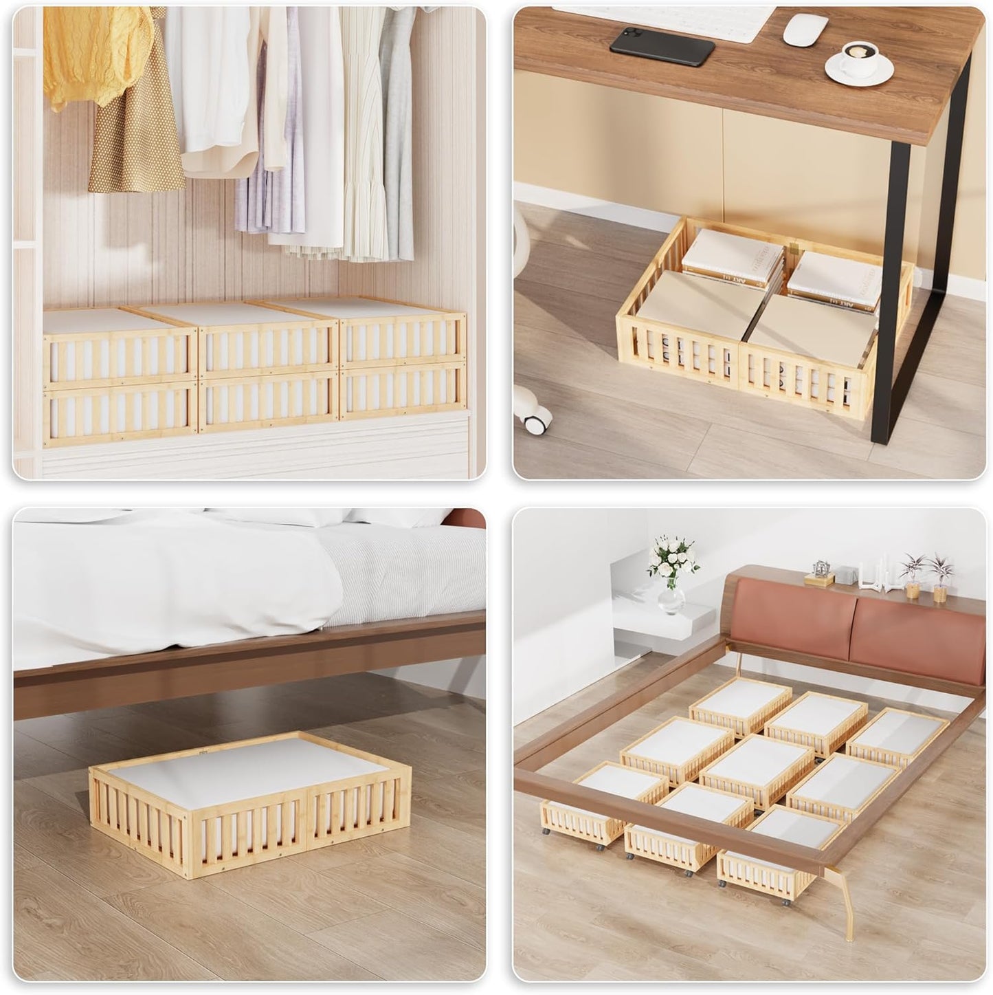 Bamboo Under Bed Storage with Wheels Rolling Underbed Shoe Organizer Box for Shoes, Blankets, Toys, Clothes Container Space-Saving Organizer Bins for Bedroom, Closet, Dorm, Nursery