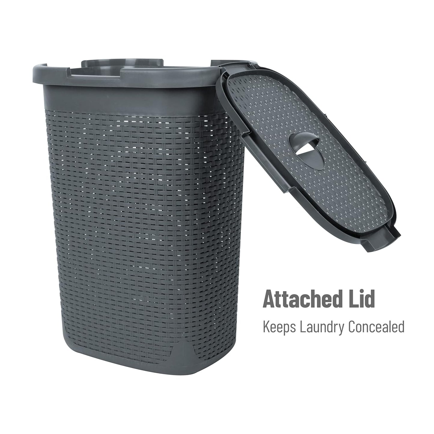 Mind Reader Slim Laundry Hamper with Lid, 60L Clothes Basket, Premium Wicker Design, Plastic, Gray