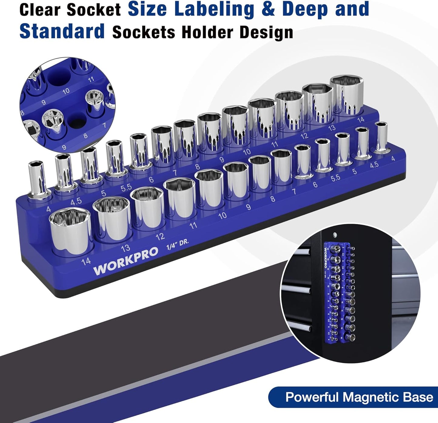 WORKPRO Magnetic Socket Organizer, 1/4-Inch Metric Socket Holder, Tool Trays Holds 26 Pieces Standard Size and Deep Size Sockets(Sockets not Included)