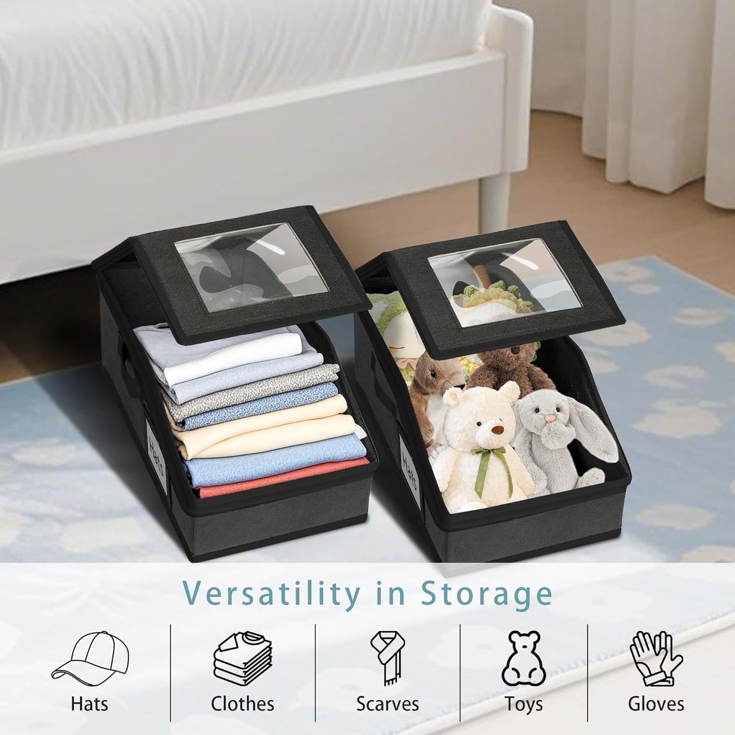 Stackable Hat Storage for Baseball Caps, 2 PCS Hat Storage Boxes for Closet, Holds up to 30 Caps with Cardboard, Hat Organizer for Women & Men(Two Clear Window) (Black)