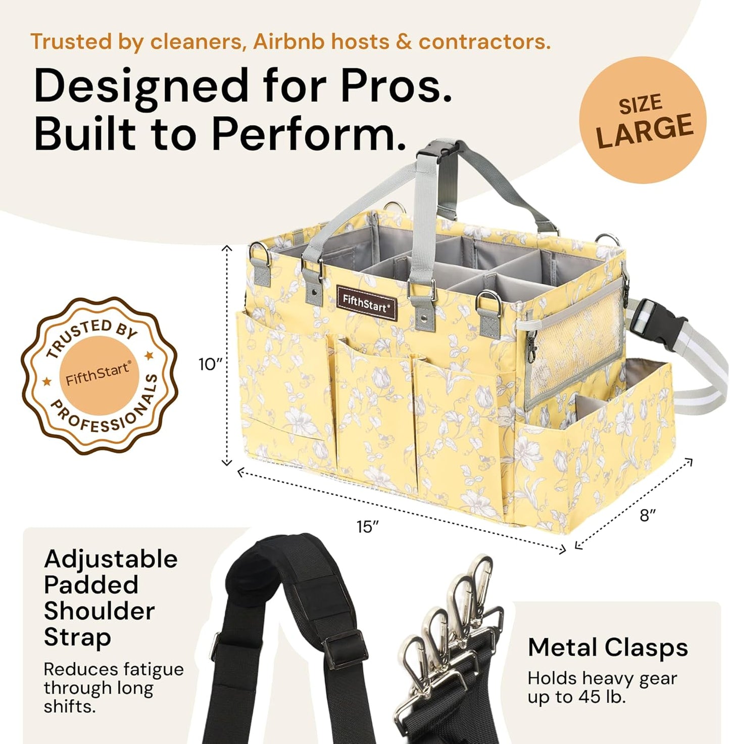 FifthStart Multiuse Cleaning Caddy - Diaper Caddy with Waist, Shoulder Strap, 9 Pockets, Mesh Base & Adjustable Compartments - Cleaning Supplies Organizer (Yellow Floral, Large)