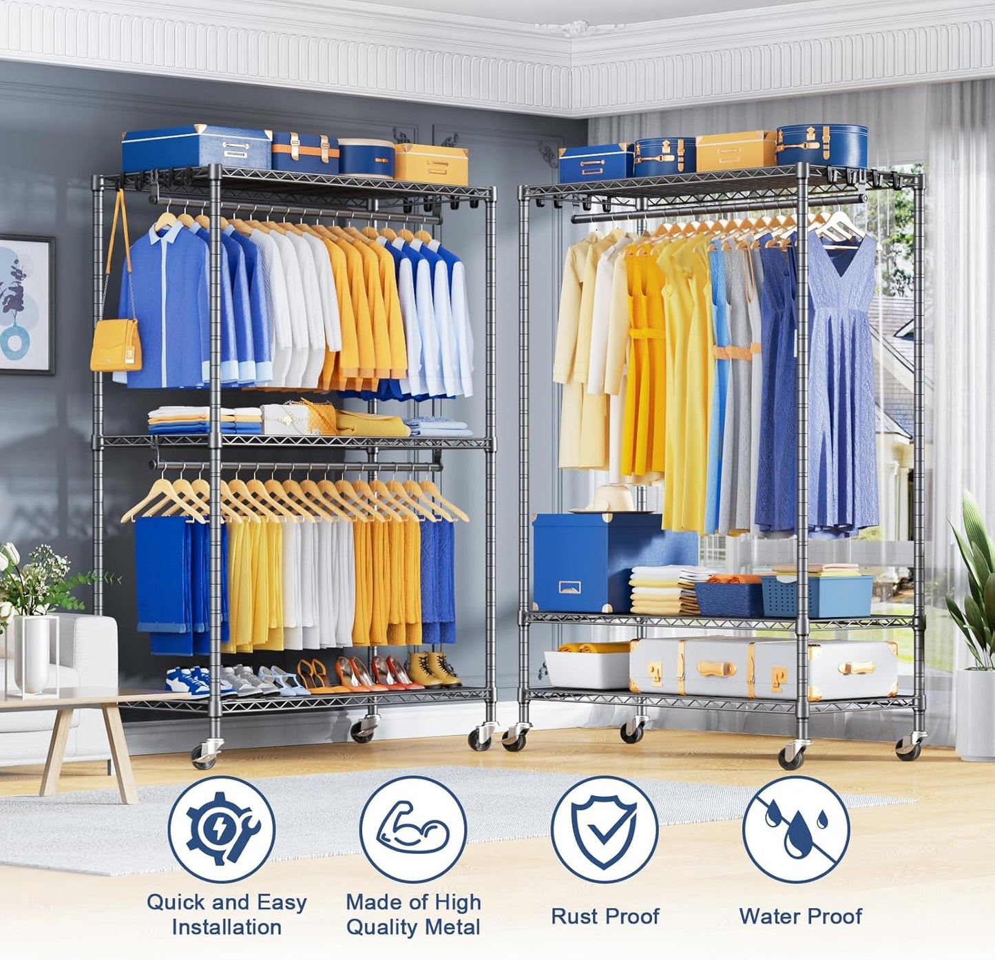 P8 Heavy Duty Clothes Rack（With Extended Width Design） Rolling Clothing Racks for Hanging Clothes，Portable Garment Rack with Lockable Wheels，51.2" W x 15.8" D x 80.5" H，Max Load 700LBS，Grey