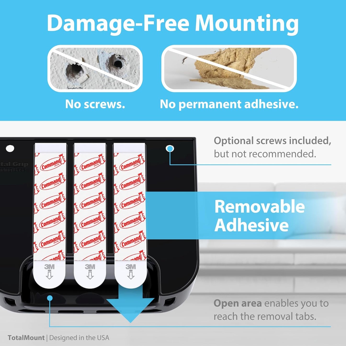 TotalMount Hole-Free Remote Holder – Eliminates Need to Drill Holes in Your Wall (for 2 or 3 Remote Controls – Black – Quantity 1)