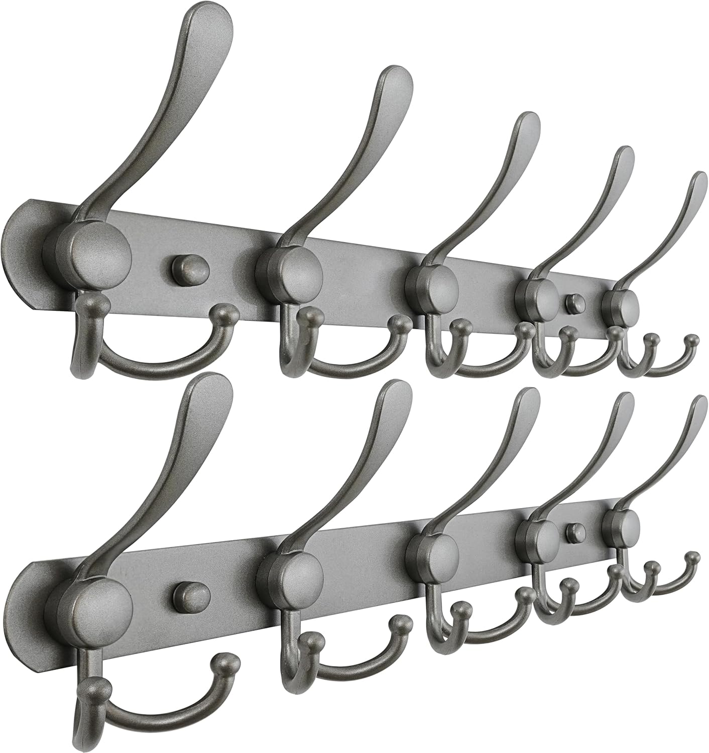 Dseap Coat Rack Wall Mounted - 5 Tri Hooks, Heavy Duty, Stainless Steel, Metal Coat Hook Rail for Coat Hat Towel Purse Robes Mudroom Bathroom Entryway (Grey, Pack of 2)