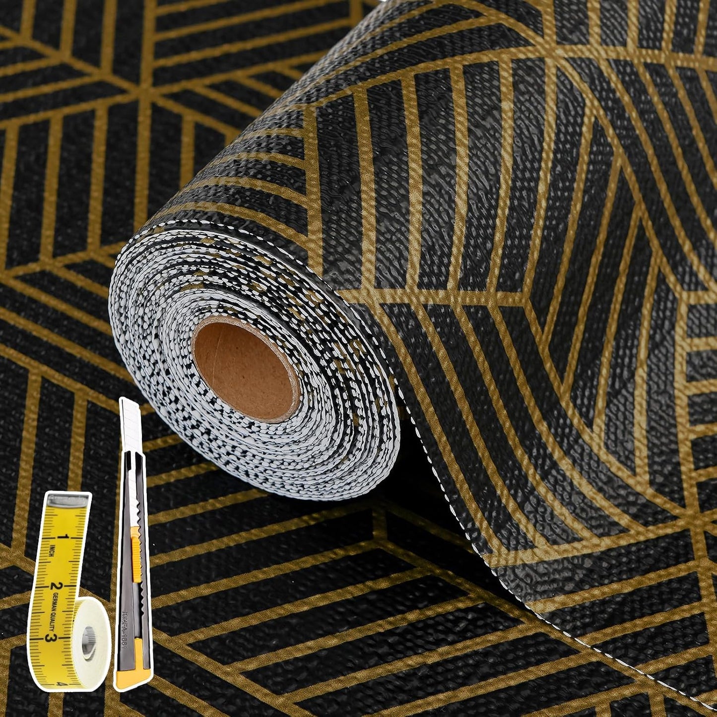 Shelf Liners for Kitchen Cabinets 17in x 20FT, Non Adhesive Cabinet Liner Strong Non-Slip Black Gold Geometric Drawer Liner, Easy to Clean for Shelf, Cabinet with Knife and Tape Measure