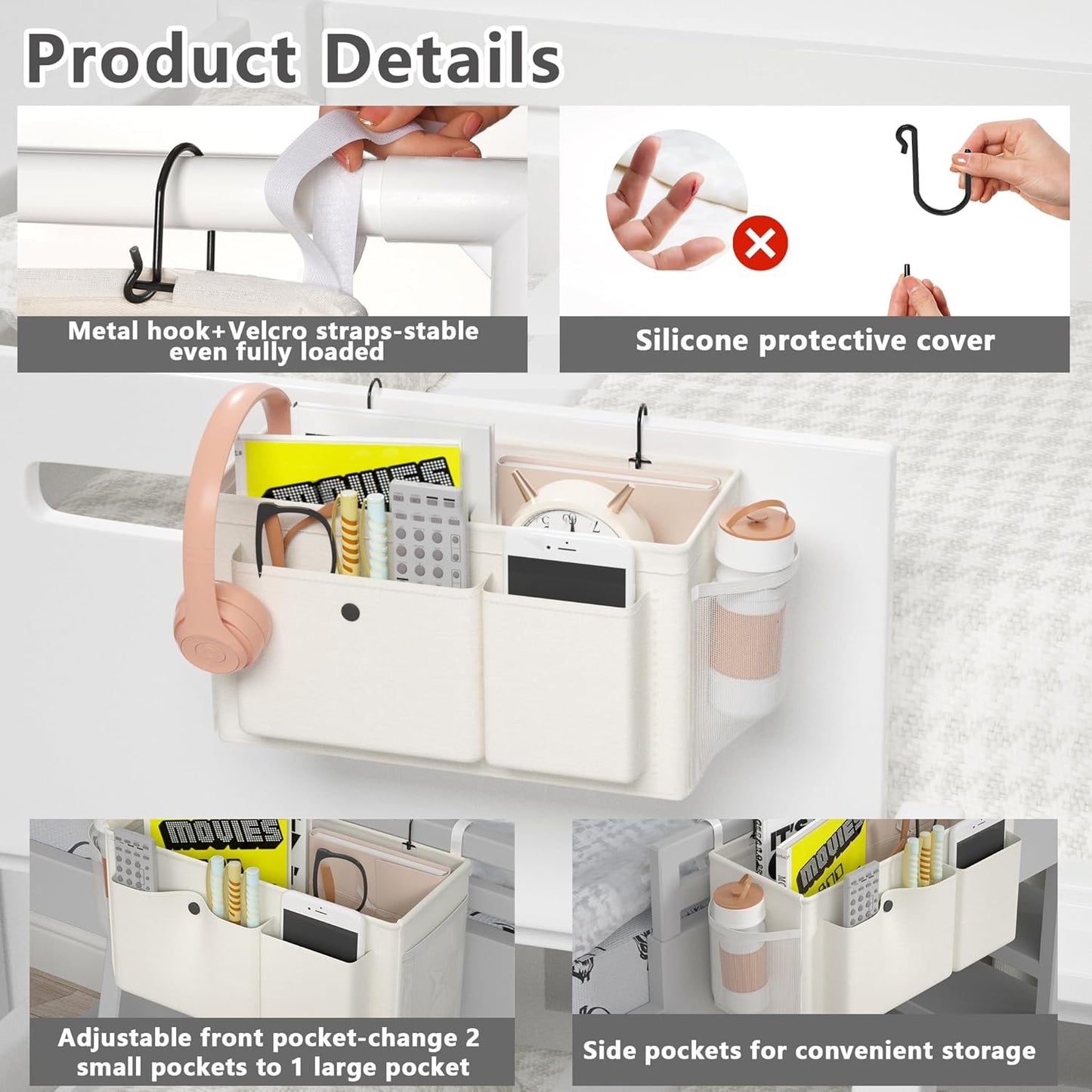 Bedside Caddy Bedside Organizer with Fixed Straps & Water Bottle Holder, Bunk Bed Caddy ideal for Home, Dorm, Hospital, Crib, Versatile Bedside Storage Solution (White)