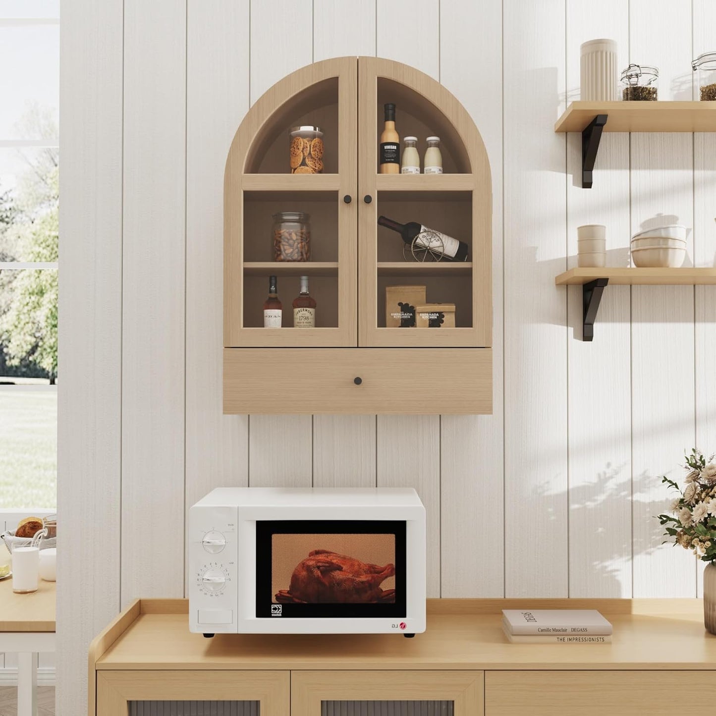 BLANKSPACE Bathroom Curved Wall Cabinet with Drawer, Over The Toilet Organizer for Bathroom Storage Cabinet with Glass Door and Soft Closing （Natural Wood Color）