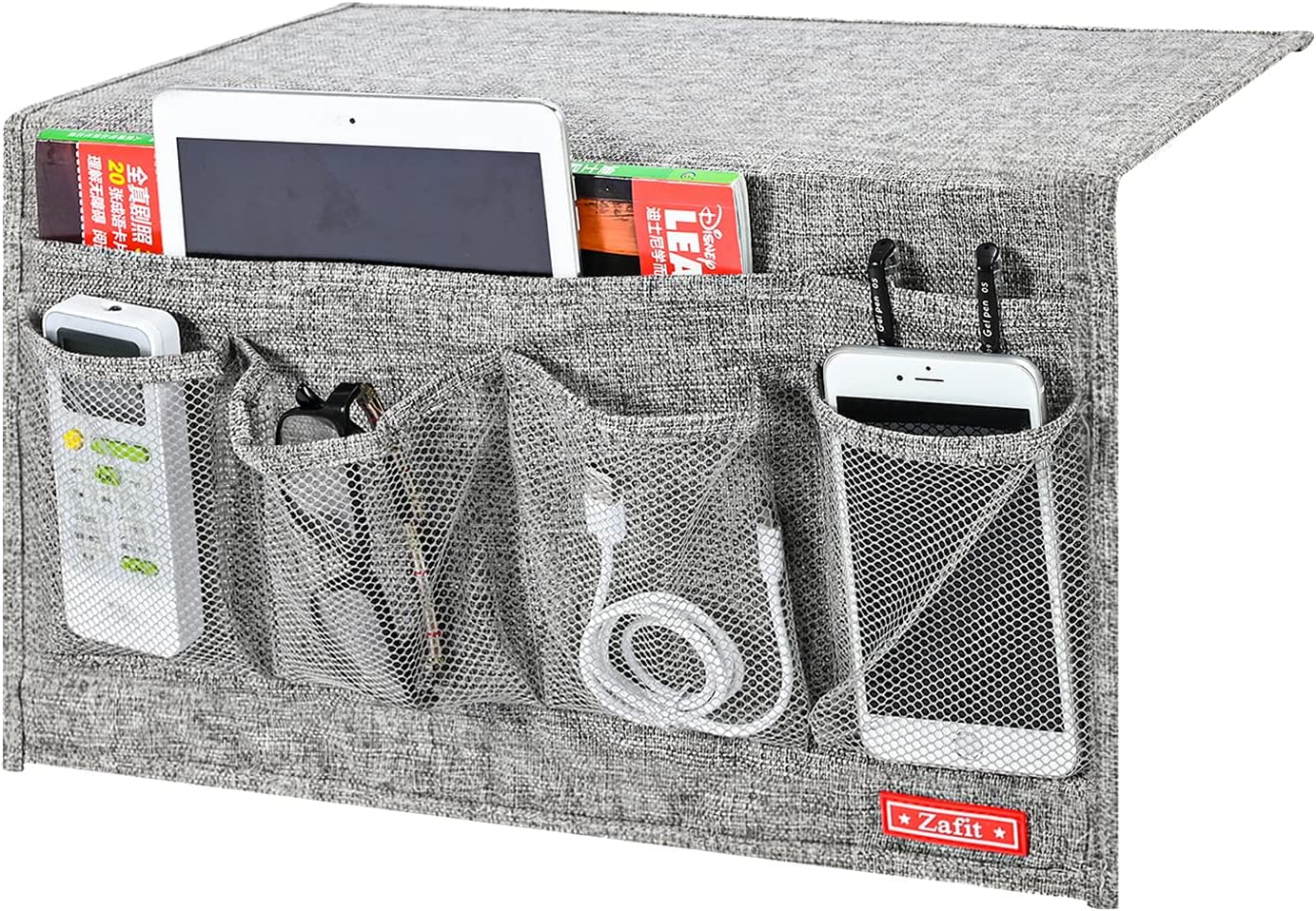 Linen 6 Pockets Bedside Caddy, Bedside Storage Organizer for Magazine, Remotes, Phone (Grey)