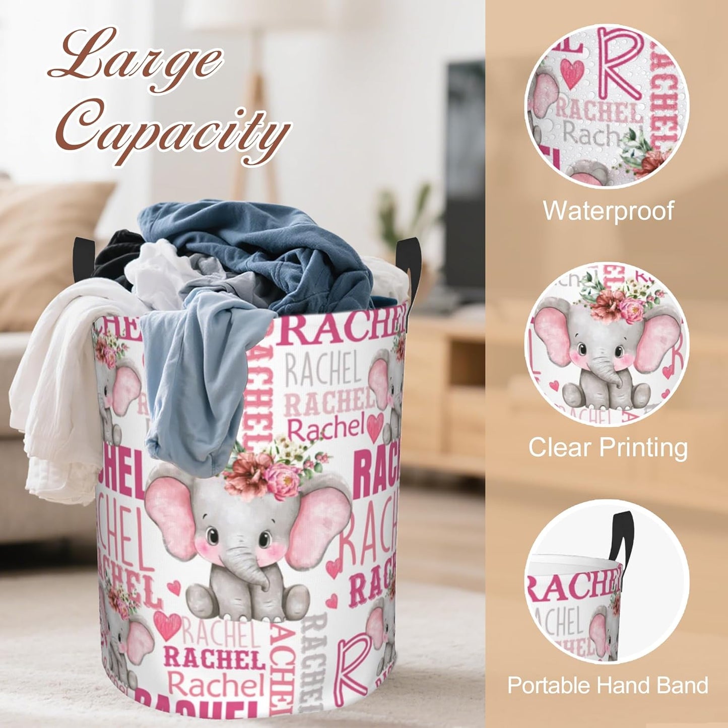Custom Name Laundry Hamper, Personalized Elephant Laundry Basket with Name for Boys Girls Kids Men Women, Customized Name Dirty Clothes Basket Gifts for Clothes Toy Bathroom Bedroom Laundry Room Dorm