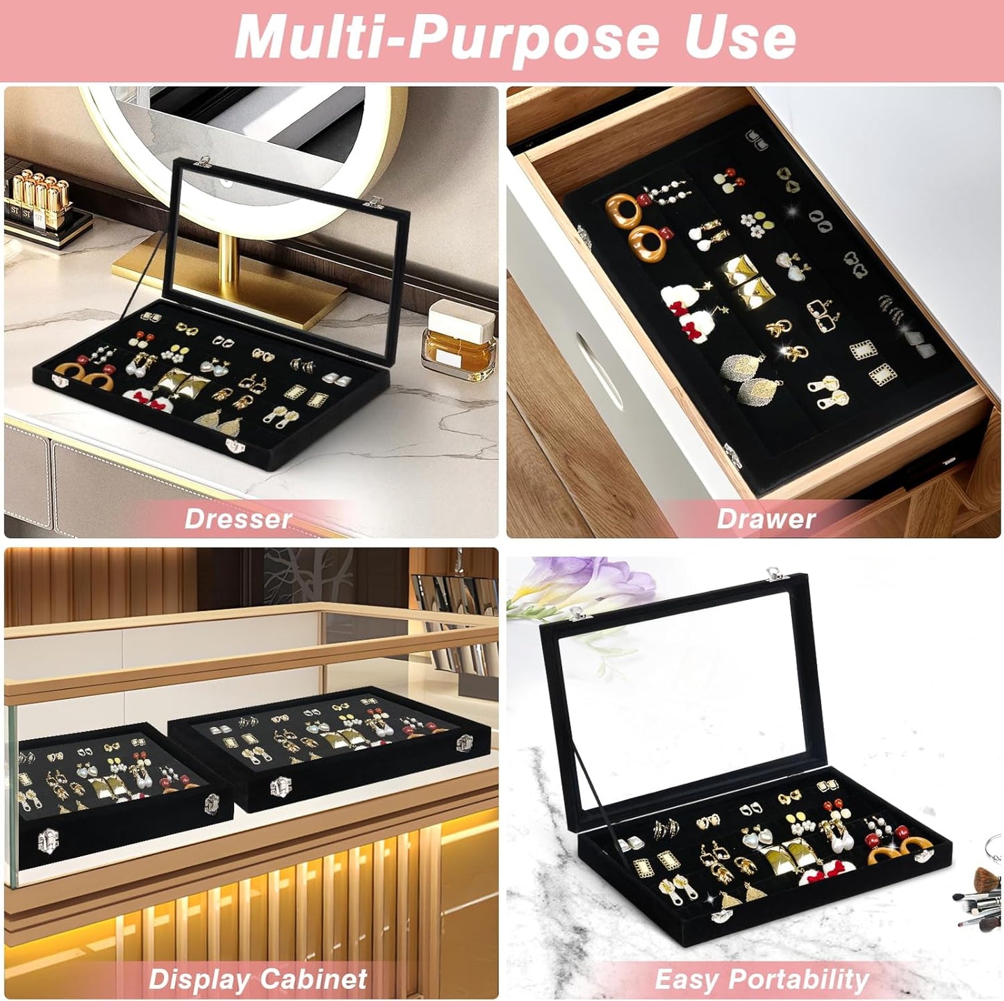 Cirhy Earring Organizer Tray, Earring Box with Clear Lid 80 Slots Velvet Drawer,Earring Tray with Lock, Jewelry Display Case for Women Girls, Black