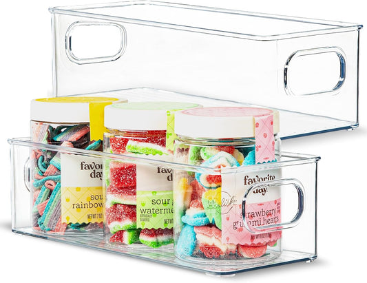primebox Plastic Food Storage Clear Container 2 Pack Bin with Handles for Organizing Kitchen, Pantry, Refrigerator, Freezer, Pantry, Cabinet, Closet, Bathroom. Stackable 10”x4”x3”