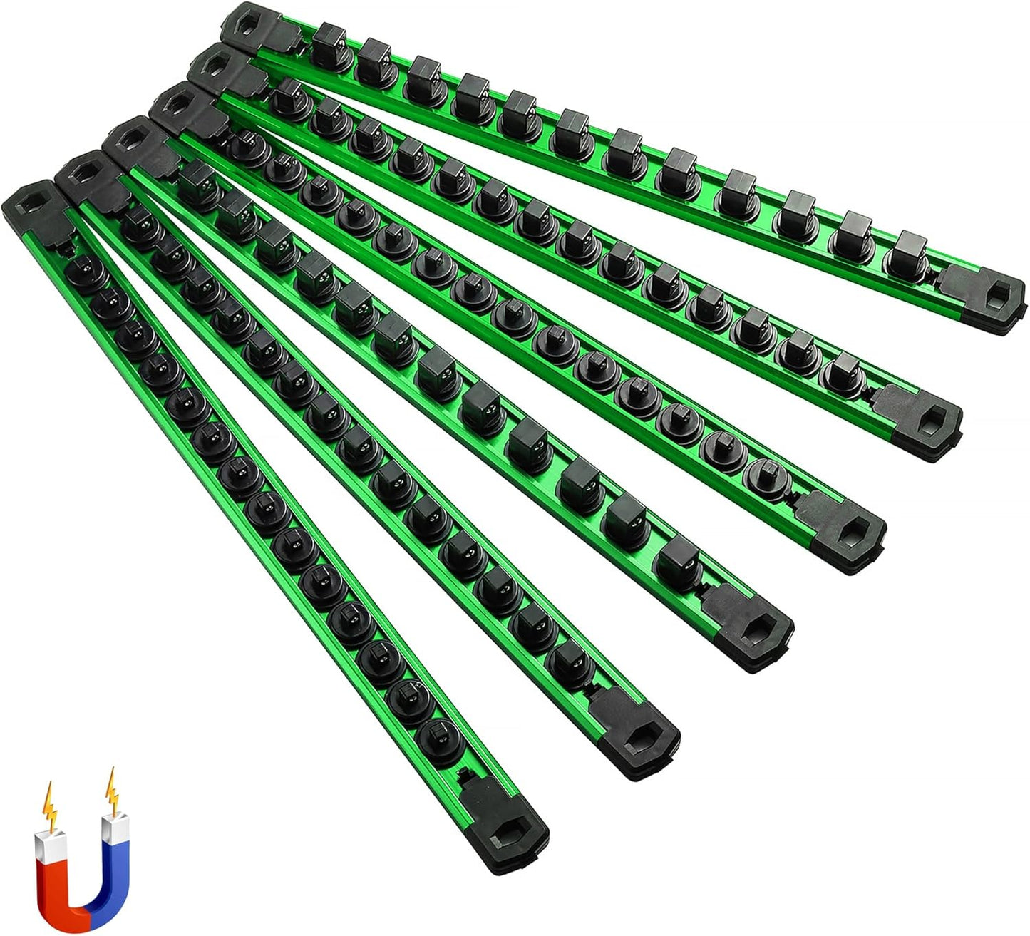ALOANES 6-Piece Magnetic Socket Organizer, Heavy Duty Aluminum Socket Rails Organizer, 360° Swivel Clips Socket Holder Kit for Tool Box, 1/2, 3/8, 1/4-Inch Socket Holder x 80 Clips (Green)