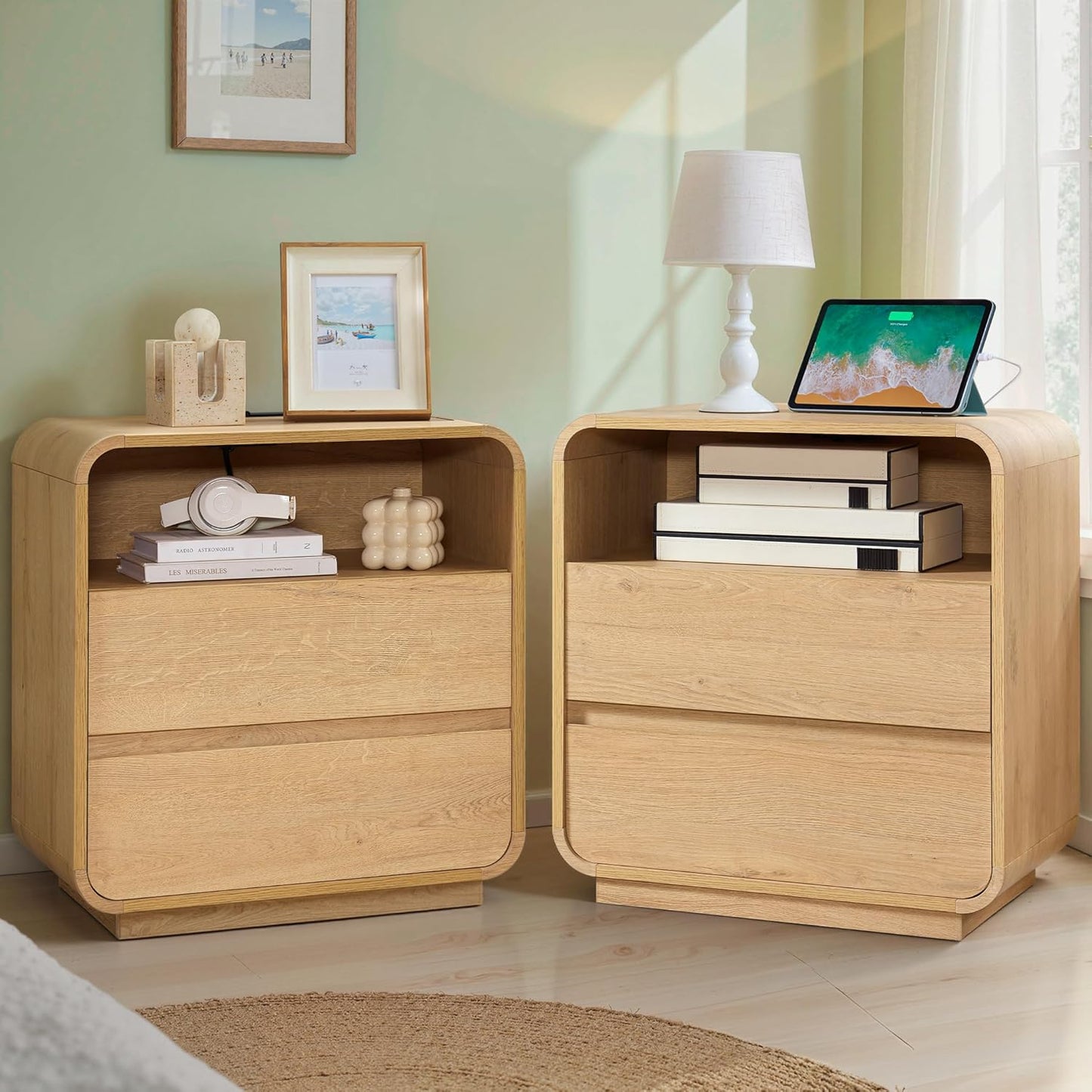 Curved Night Stand Set of 2, 23.2" Large Wood Farmhouse Nightstand with Charging Station & 2 Storage Drawers Bedside Table, Modern End Table for Bedroom, Living Room, Natural