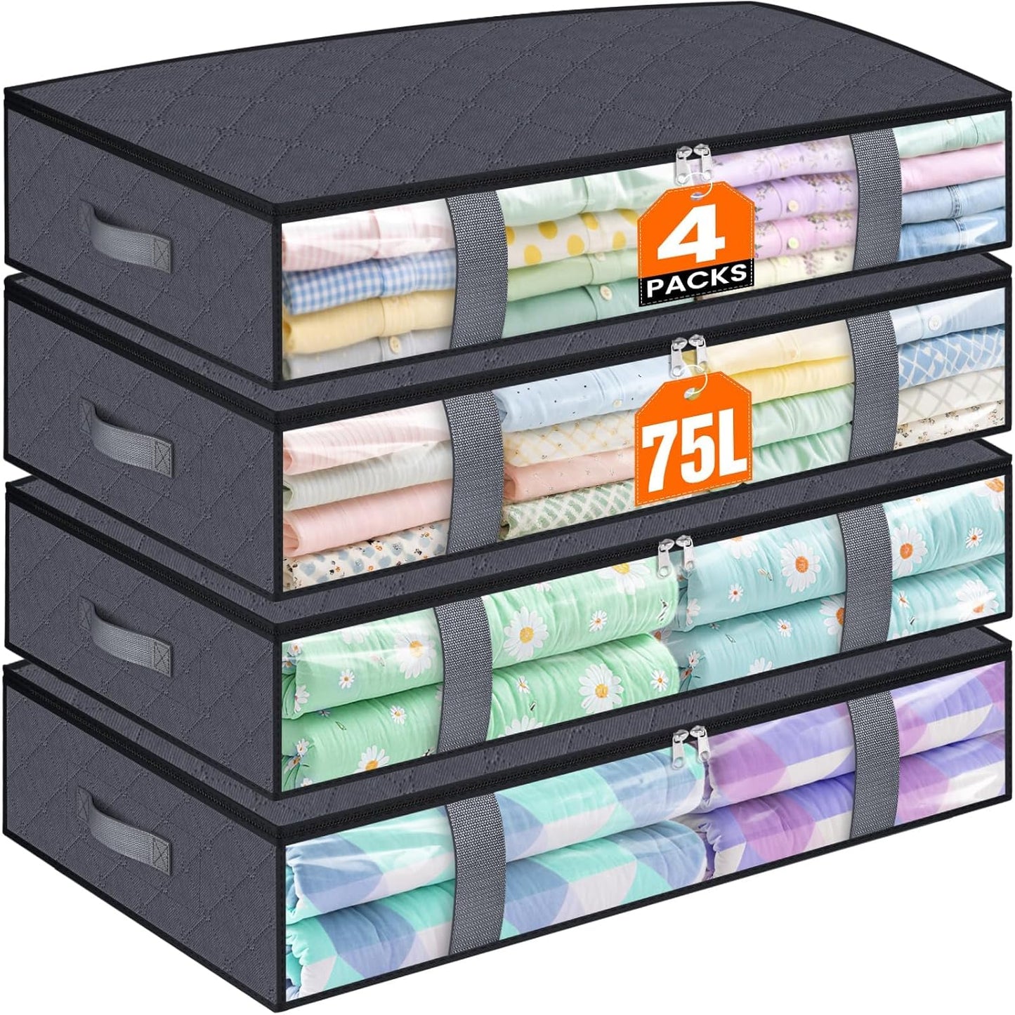 Under Bed Storage Containers, 4 Pack Blanket Storage Bags, Collapsible Storage Bags with Big Zippers, Clear Front, Shoe Storage and Organization for Clothes, Comforter, 75L, Grey