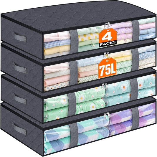 Under Bed Storage Containers, 4 Pack Blanket Storage Bags, Collapsible Storage Bags with Big Zippers, Clear Front, Shoe Storage and Organization for Clothes, Comforter, 75L, Grey