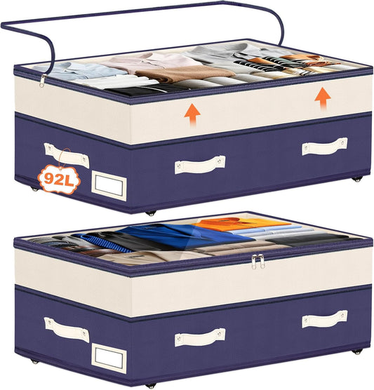 Dolicer 2 Pack Under Bed Storage with Wheels, 6in-10in Height Adjustable Underbed Storage Containers, 92L XXXL Under Bed Drawers Rolling Bin with Clear Lids for Dorm Shoes Clothes Organizers(Blue)