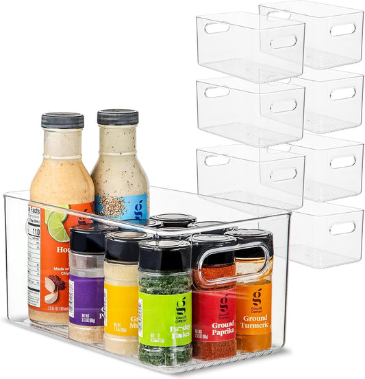 primebox Plastic Food Storage 8 Pack Clear Container Bin with Handles for Organizing Kitchen, Pantry, Fridge, Freezer, Pantry,Bathroom. 10"x6"x5"