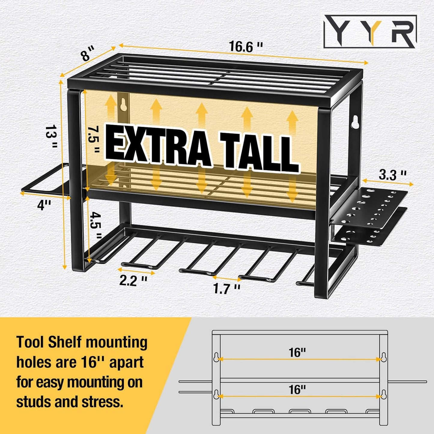 YYR Heavy Duty Power Tool Organizer Wall Mount, Cordless Drill Hanger Storage Rack, Battery Tools Holder with Charging Station Shelf for Garage Organization, Workshop, Pegboard, Shed - 16 Inch 4 Slots